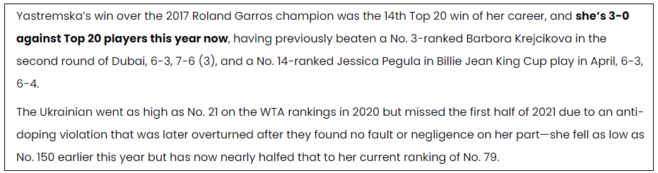Yastremska Report from Tennis.com