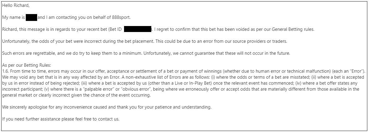 Email from 888 Sport to Richard
