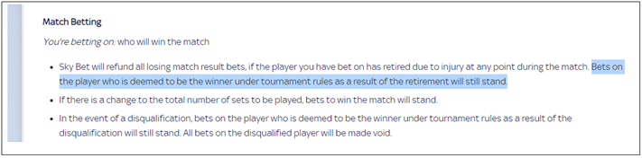 Skybet Tennis Match Betting Rules